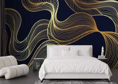 Elegant abstract line art on dark blue background. Luxury hand drawn with gold wavy line and abstract shapes. Shining wave line design for wallpaper, banner, prints, covers, wall art, home decor. Wall mural