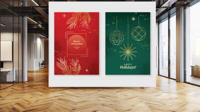 Elegant christmas invitation card art deco design vector. Luxury christmas ball, foliage, watercolor texture line art on green and red background. Design illustration for cover, poster, wallpaper. Wall mural