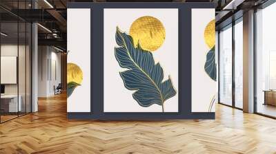 Elegant foliage wall art template. Luxury hand drawn wall decoration with gold leaves, lotus leaf, branches and circle. Shining foil texture design for wallpaper, banner, prints, covers and interior. Wall mural