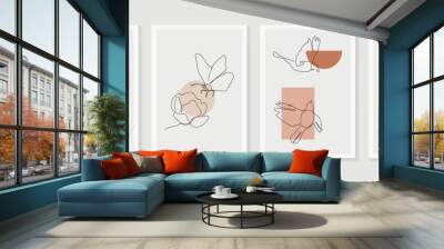 Flower and bird wall art vector set. Earth tone boho foliage flower line art drawing with  bird and butterfly.  Abstract Plant Art design for print, cover, wallpaper, Minimal and  natural wall art.. Wall mural