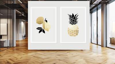 Fruits wall art Gold background vector.  Hand drawn tropical fruit with golden and watercolor texture. Vector illustration for prints, wall decoration, wallpaper and cover design.  Wall mural