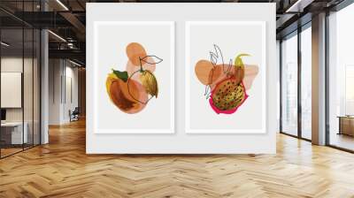 Fruits wall art Gold background vector.  Hand drawn tropical fruit with golden and watercolor texture. Vector illustration for prints, wall decoration, wallpaper and cover design.  Wall mural