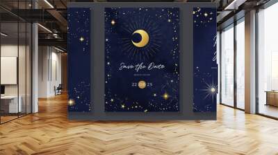 Galaxy themed wedding invitation vector template. Collection of luxury save the date card with watercolor, moon, gold sparkle. Starry night cover design for background, greeting, brochure, flyer. Wall mural