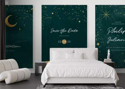 Galaxy themed wedding invitation vector template. Collection of luxury save the date card with watercolor, star, gold sparkle. Starry night cover design for background, greeting, brochure, flyer. Wall mural