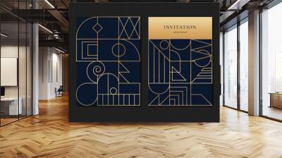 Geometric line pattern cover design vector. Set invitation card of abstract geometric line art design on dark blue background. Use for wedding invitation, cover, VIP card, print, gala, wallpaper. Wall mural