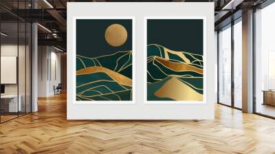 Gold mountain background vector. Mid century landscape art with sun and moon, Sea and Ocean. Modern contemporary art design for acrylic canvas , digital Prints, wallpaper, Poster, metal poster prints Wall mural