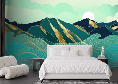 Gold mountain wallpaper design with landscape line arts, Golden luxury background design for cover, invitation background, packaging design, wall arts, fabric, and print. Vector illustration. Wall mural