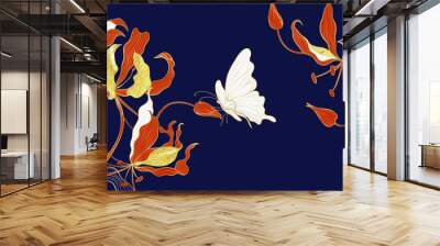 Golden flame lily line art on dark blue background. Golden flame lily line art on dark blue background. Luxury hand drawn banner design with gold and red gloriosa lily, white butterfly and leaves. For Wall mural