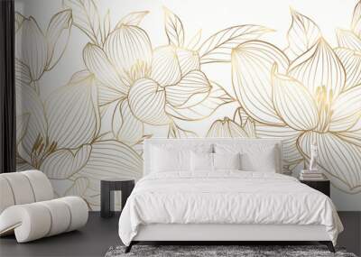 Golden floral line art vector background. Luxury watercolor wallpaper with white flowers, leaves and branch in hand drawn. Elegant botanical design for banner, invitation, packaging, wall art. Wall mural