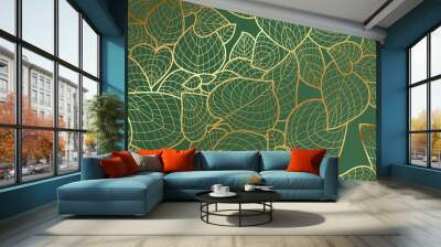 Golden leaf green botanical modern art deco wallpaper background vector. Line arts background design for interior design, vector arts, fashion textile patterns, textures, posters, wrappers, etc. Wall mural