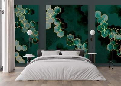 Green and emerald gold background design vector. Geometric arts and watercolor texture for prints, wall arts and home decoration. Wall mural