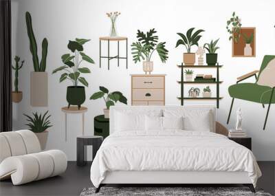 Green home decoration vector set. Scandinavian hygge style interior with furniture. Home plants in flower pot. Flat vector cartoon illustration isolated on white background. Wall mural