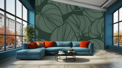 Green Monstera deliciosa leaves background vector. Nature tropical leaf wallpaper. Wall mural