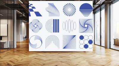 Hand drawn abstract minimal element mid century vector set. Aesthetic contemporary stripe line art, geometric shape in monochrome, blue. Art form design for wall art, decoration, wallpaper. Wall mural