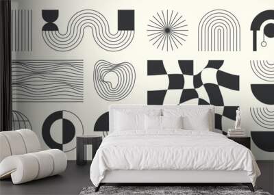 Hand drawn abstract minimal element mid century vector set. Aesthetic contemporary stripe line art, geometric shape in monochrome. Art form design for wall art, decoration, wallpaper. Wall mural