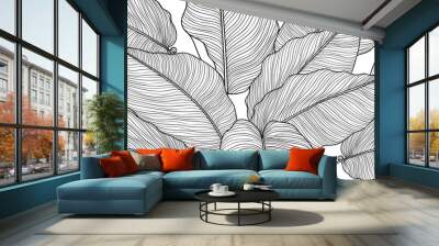 Hand drawn  leaves line arts ink drawing background, Abstract leaf vector pattern, Tropical leaves design for fabric, Wrapping paper and prints, Vector illustration. Wall mural