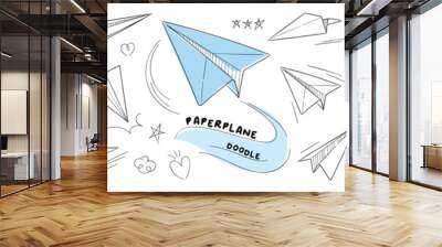 Hand drawn paper plane vector icons set. Hand drawn doodle style collection of speech bubble, star, heart, arrow. Paper plane design for application, doodle, print, sticker, decoration. Wall mural