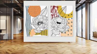 Hand painted illustrations wall arts vector. Surface pattern design. Abstract art textile design with literature or natural tropical line arts painting, Covering greetings cards, cover, print, fabrics Wall mural