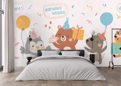 Happy birthday concept animal vector set. Collection of adorable wildlife, fox, bird, bear, rabbit. Birthday party funny animal character illustration for greeting card, invitation, kid, education. Wall mural