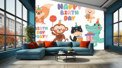 Happy birthday concept animal vector set. Collection of adorable wildlife, lion, frog, monkey, pig, crocodile. Birthday party funny animal character illustration for greeting card, kids, education. Wall mural