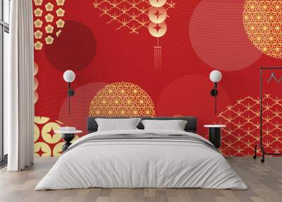 Happy Chinese new year background vector. Luxury wallpaper design with chinese pattern, coin on red background. Modern luxury oriental illustration for cover, banner, website, decor. Wall mural