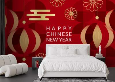 Happy Chinese new year background vector. Year of the dragon design wallpaper with chinese flower, firework, cloud. Modern luxury oriental illustration for cover, banner, website, decor. Wall mural