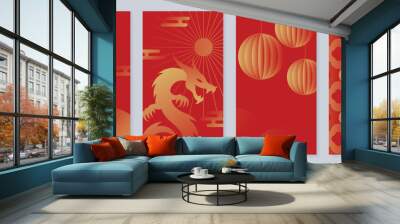 Happy Chinese New Year cover background vector. Year of the dragon design with golden dragon, Chinese lantern, coin, cloud, sun. Elegant oriental illustration for cover, banner, website, calendar. Wall mural