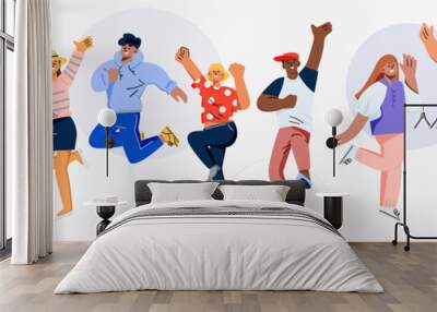 Happy jumping people. Young man and women happy dancing. Cheerful corporate employees cartoon characters set. The concept of friendship, success and teamwork, Music and party. Flat vector illustration Wall mural