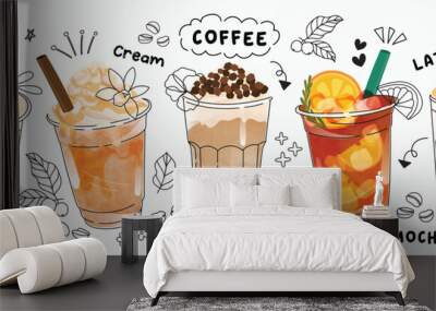 Hot and cold coffee beverage with cute doodle decoration. Espresso, americano cup, cappuccino and latte in glasses. Vector illustration blended coffee for logo, ads, promotion, marketing, banner. Wall mural