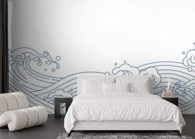 Japanese blue wave background vector. Wallpaper design with blue and white ocean wave pattern backdrop. Modern luxury oriental illustration for cover, banner, website, decor, border. Wall mural