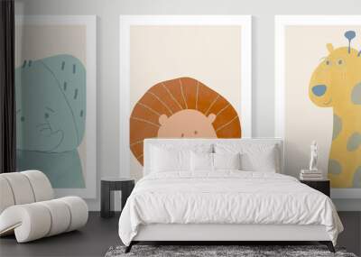 Kids and cute wall art vector collection. Funny and lovely design with elephant, lion, giraffe. Minimal design for bedroom and home decoration pictures. kids cover background template. Wall mural