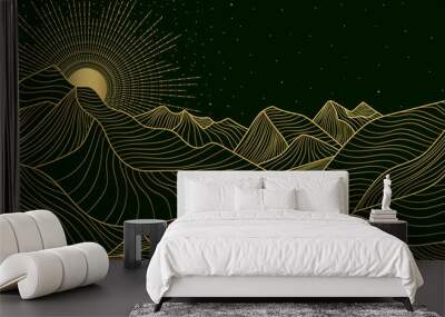 landscape wallpaper design with Golden mountain line arts, luxury background design for cover, invitation background, packaging design, fabric, and print. Vector illustration. Wall mural