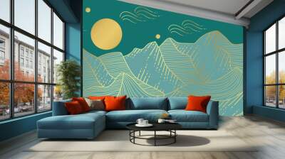 landscape wallpaper design with Golden mountain line arts, luxury background design for cover, invitation background, packaging design, fabric, and print. Vector illustration. Wall mural