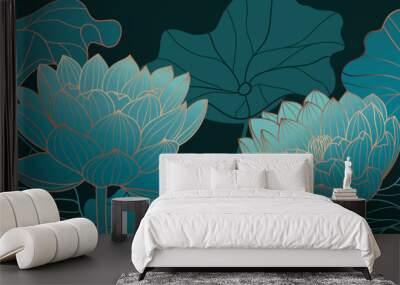 Luxurious background design with golden lotus. Lotus flowers line arts design for wallpaper, natural wall arts, banner, prints, invitation and packaging design. vector illustration. Wall mural