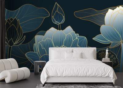 Luxurious blue background design with golden lotus. Lotus flowers line arts design for wallpaper, natural wall arts, banner, prints, invitation and packaging design. vector illustration. Wall mural