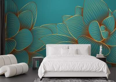 Luxurious green emerald background design with golden lotus. Lotus flowers line arts design for wallpaper, natural wall arts, banner, prints, invitation and packaging design. vector illustration.. Wall mural