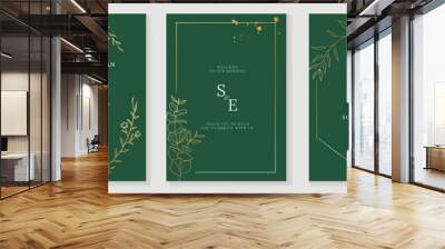 Luxury botanical wedding green invitation card template. Watercolor card with gold line art, flower, leaves branches, foliage. Elegant blossom vector design suitable for banner, cover, invitation. Wall mural