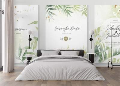 Luxury botanical wedding invitation card template. Green watercolor card background with gold glitters, leaf branches, tropical plants Elegant vector design suitable for banner, cover, invitation. Wall mural