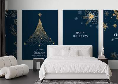 Luxury christmas and happy new year holiday cover template vector set. Gold winter leaves, holly, glittering christmas tree and snowflakes. Design for card, corporate, greeting, wallpaper, poster. Wall mural