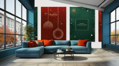 Luxury christmas invitation card art deco design vector. Christmas ball, snowflakes, moon line art on green and red background. Design illustration for cover, greeting card, print, poster, wallpaper. Wall mural