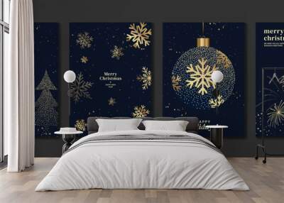 Luxury christmas invitation card art deco design vector. Christmas tree, bauble ball, pine tree, snowflake, firework on blue background. Design illustration for poster, wallpaper, greeting card. Wall mural