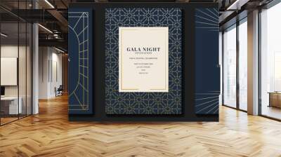 Luxury gala invitation card background vector. Golden elegant geometric pattern, gold line on dark blue background. Premium design illustration for wedding and vip cover template, grand opening. Wall mural