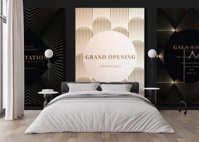 Luxury gala invitation card background vector. Golden elegant wavy gold line pattern on black and light background. Premium design illustration for wedding and vip cover template, grand opening. Wall mural