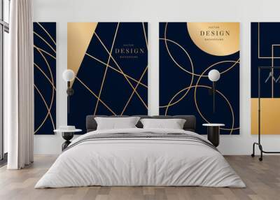 Luxury geometric pattern cover template. Set of abstract dark blue poster design with golden line, ornament, shapes. Elegant graphic design perfect for banner, background, wallpaper, invitation. Wall mural