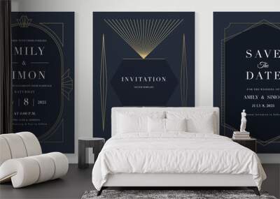 Luxury geometric pattern invitation template. Set of art deco poster design with golden line, ornament, shapes, borders. Elegant card vector perfect for banner, background, wallpaper, wedding. Wall mural