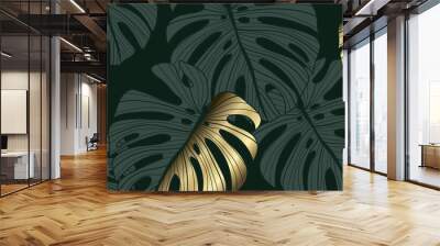 Luxury gold and nature green background vector. Floral pattern, Golden split-leaf Philodendron plant with monstera plant line arts, Vector illustration. Wall mural