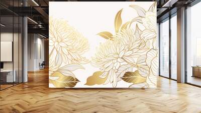 Luxury gold floral background vector. Golden gradient Roses and peonies flower line art wallpaper design for prints, cover, wall arts, greeting card, wedding cards, invitation. Wall mural