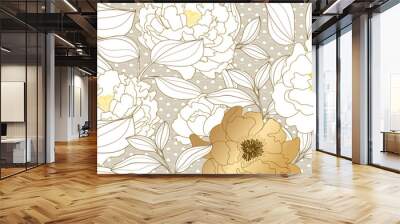 Luxury Gold Floral line arts background vector.  bouquet rose and leaves wallpaper design for fabric, wrapping , cover, beauty and cosmetic packaging background pattern. Vector illustration. Wall mural