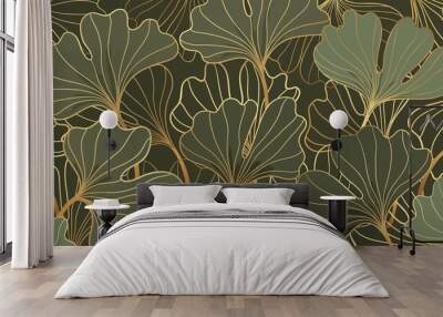 Luxury gold Ginkgo line art background vector. Abstract art design wallpaper. Wall mural