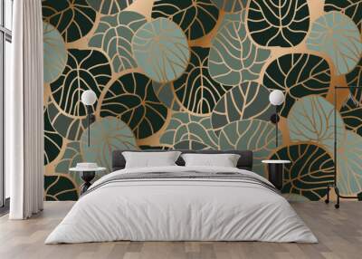 Luxury gold lotus leaves background vector. Tropical leaf wallpaper design.  Wall mural